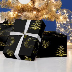 Papel De Presente Decorações Douradas no Natal Preto