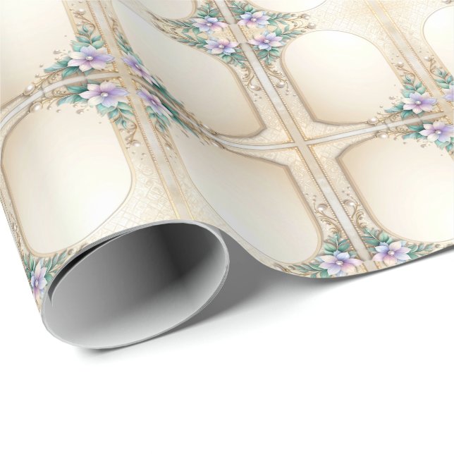 Papel De Presente Decorative Floral Frame with Pearls Wrapping Paper (Ponta do rolo)