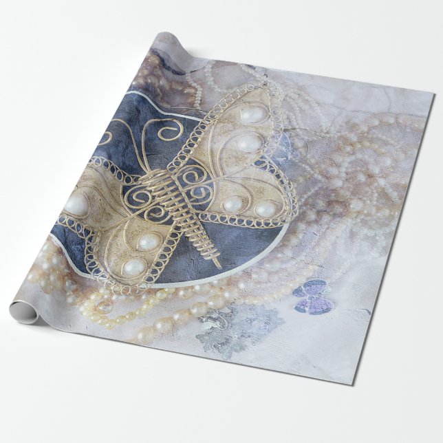 Papel De Presente Decoupage Branca Dourada de Casamento de Borboleta (Desenrolado)