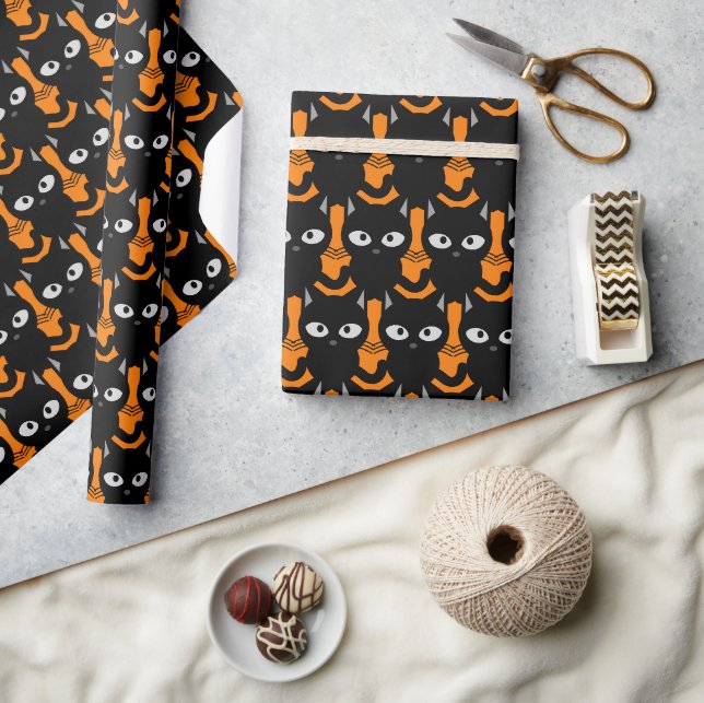 Papel De Presente Decoupage de Gato Preto Laranja de Halloween ou (Artesanato)