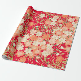 Papel De Presente Decoupage Floral Dourada de Kimono Branco Vermelho