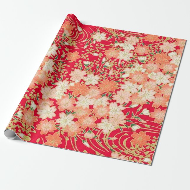 Papel De Presente Decoupage Floral Dourada de Kimono Branco Vermelho (Desenrolado)