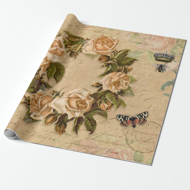 Papel De Presente Decoupage Vintage Floral de outono Dourado Ephemer (Desenrolado)