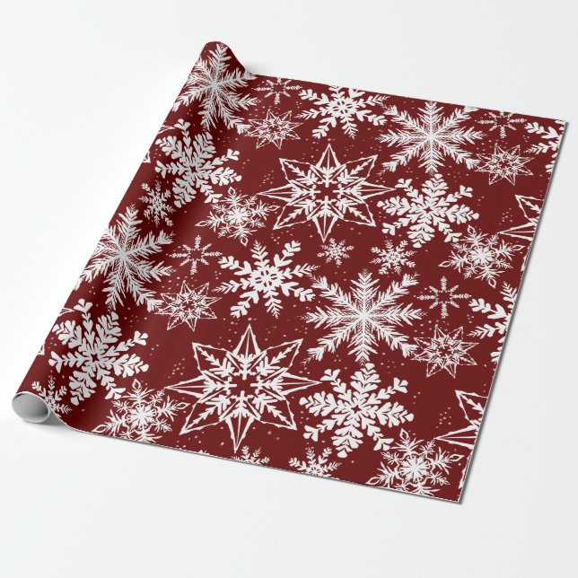 Papel De Presente Deep Red Winter Wonderland Snowflake Padrão (Desenrolado)