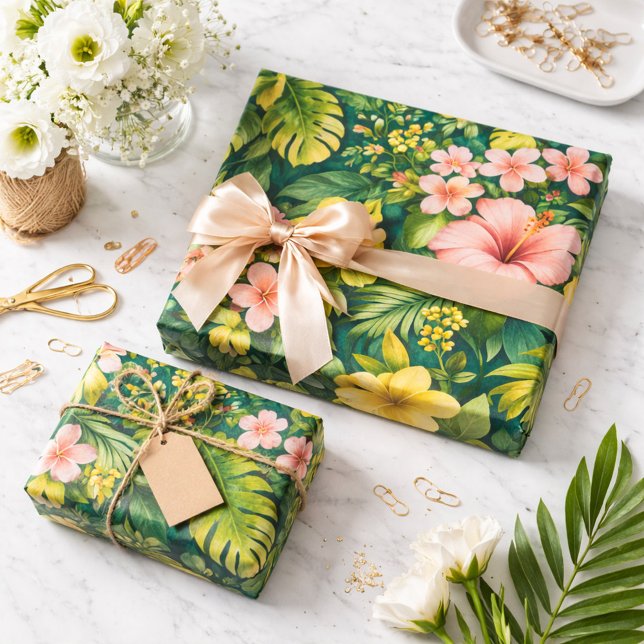 Papel De Presente Deep Teal Tropical Hibiscus Floral  (Criador carregado)