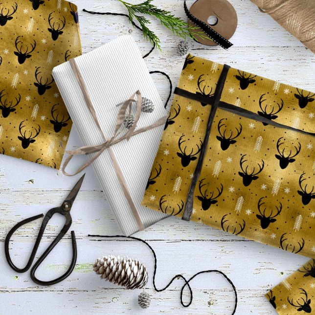 Papel De Presente Deer Antlers Arrows Padrão de Natal Dourado ID861 (Criador carregado)