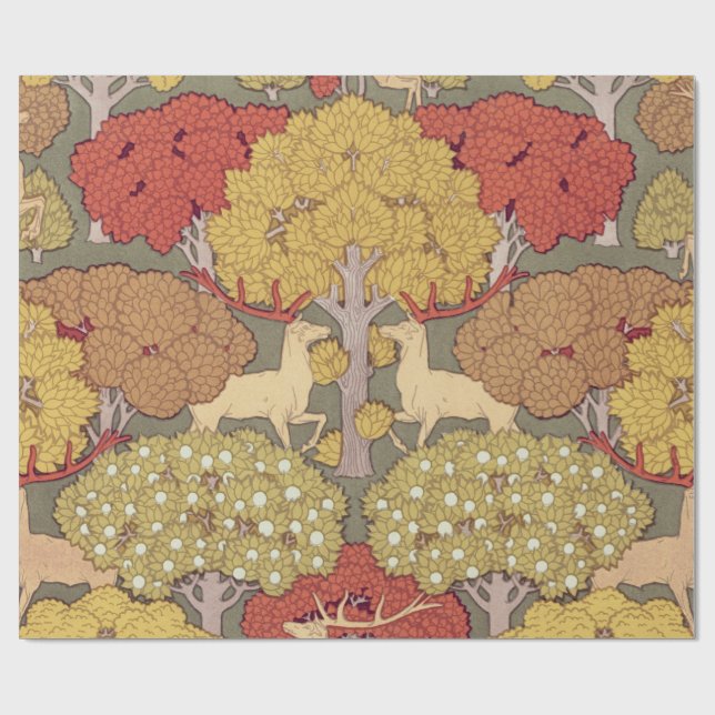 Papel De Presente Deer &Tree Squirrel Bird Rowan Berries Art Nouveau (Aberto)