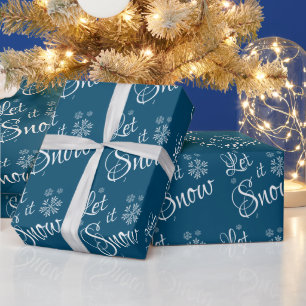 Papel De Presente Deixe Nevar Azul Branco Floco de Neve Natal