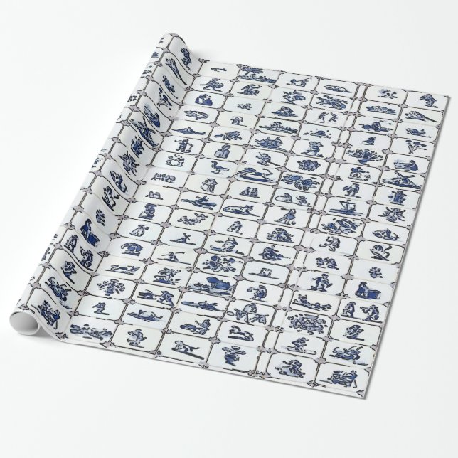 Papel De Presente Delft Blue Azulejo Designs (Desenrolado)