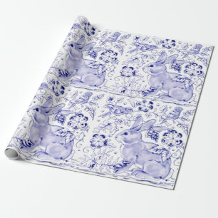 Papel De Presente Delft Blue Bunny Rabbit Birds Dedham Páscoa