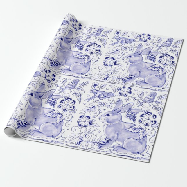 Papel De Presente Delft Blue Bunny Rabbit Birds Dedham Páscoa (Desenrolado)
