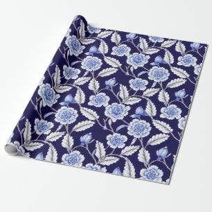 Papel De Presente Delft Blue Floral Chinoiserie Porcelain Patterno
