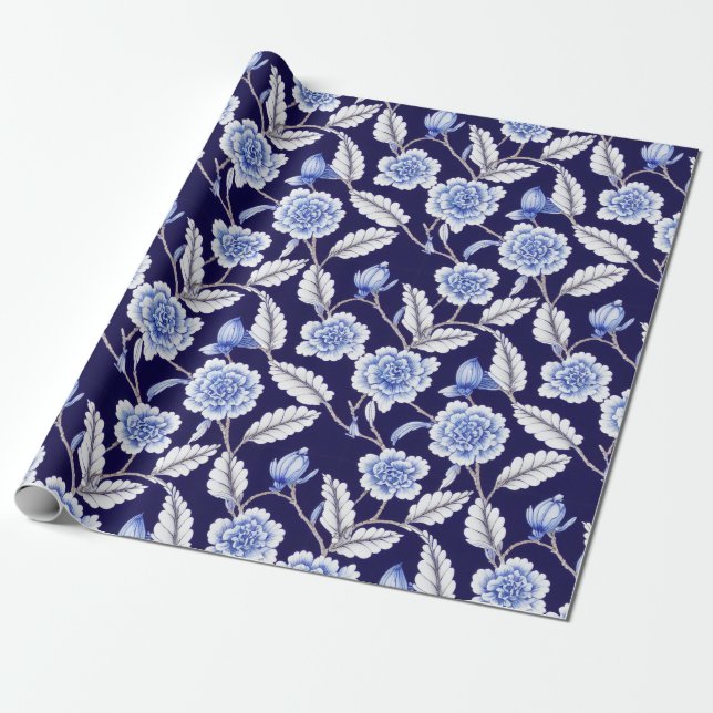 Papel De Presente Delft Blue Floral Chinoiserie Porcelain Patterno (Desenrolado)