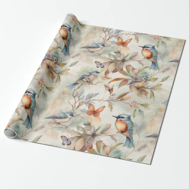 Papel De Presente delicado fundo floral com aves (Desenrolado)