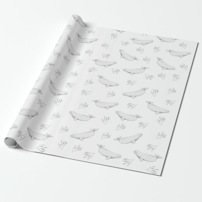 Papel De Presente Delicar Baleias Beluga E Ilustração De Erva Marinh (Desenrolado)