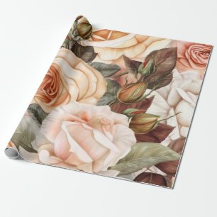 Papel De Presente Delicar Pêssego Vintage e Rosas Rosa