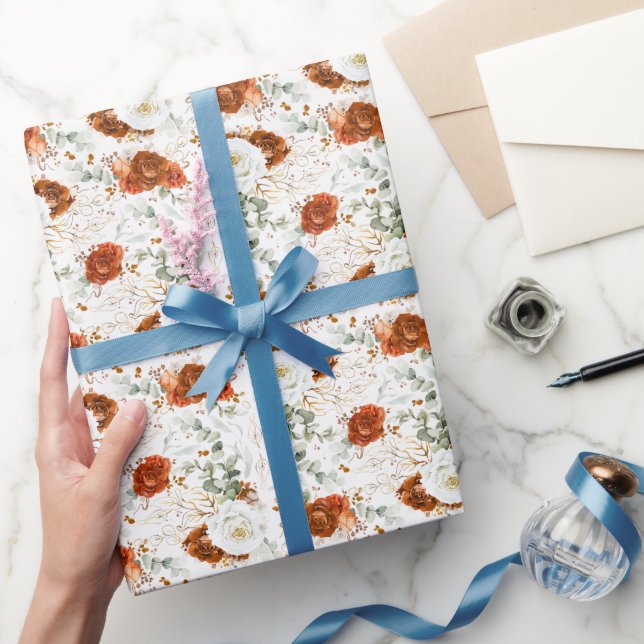 Papel De Presente Delicate Terracotta Floral Botanical Gold Leaf (Presentear)