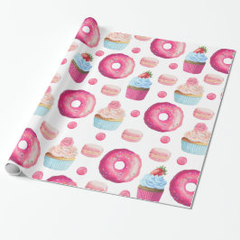 Papel De Presente Deliciosas Rosquinhas Cor-de-Rosa e Bolinhos em Br