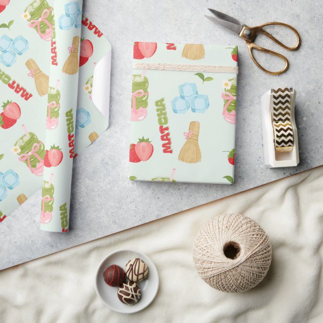 Papel De Presente Delicioso Matcha de Morango com Fita (Artesanato)