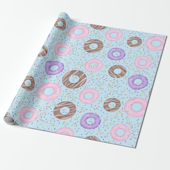 Papel De Presente Delicious Donuts Wrapping Paper on Blue (Desenrolado)