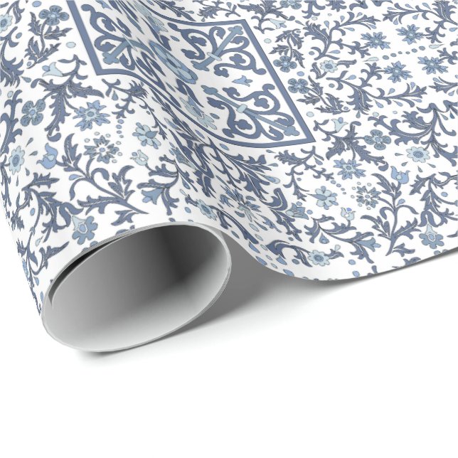Papel De Presente Denim Blue Floral (Ponta do rolo)