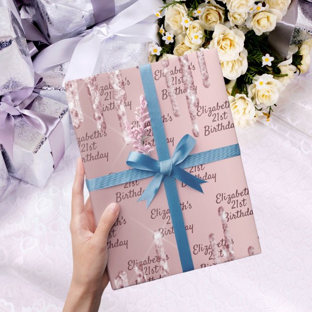 Papel De Presente Derrame rosado de aniversário goteja rosa monogram (Criador carregado)