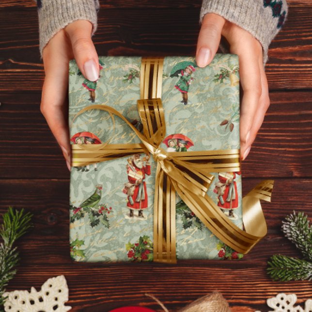 Papel De Presente Desacoplar Vintage Damask Ephemera Verde (Criador carregado)