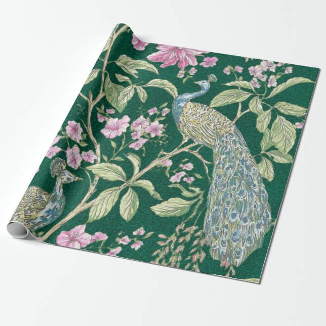Papel De Presente Desanexação elegante floral de pavão verde (Desenrolado)