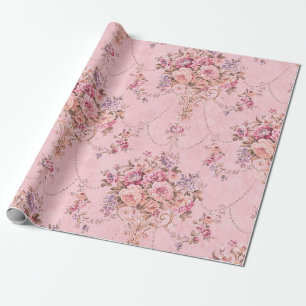 Papel De Presente Descamação Floral Vitoriana do Toile Rosa Francesa