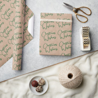 Papel De Presente Desejos de Natal Verde Caligrafia Kraft Rústico