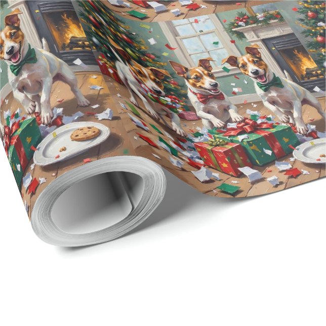 Papel De Presente Desembalando Presentes de Natal com Jack Russell:  (Ponta do rolo)