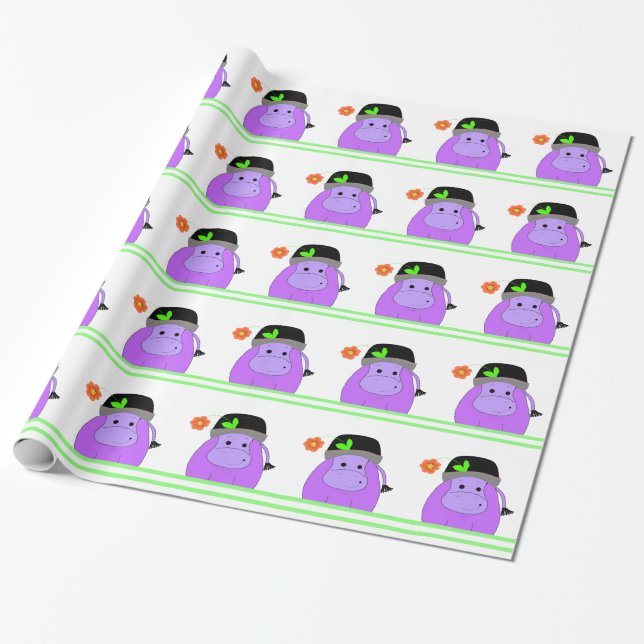 Papel De Presente Desenho de Aniversário de Hipopótamo Roxo (Desenrolado)