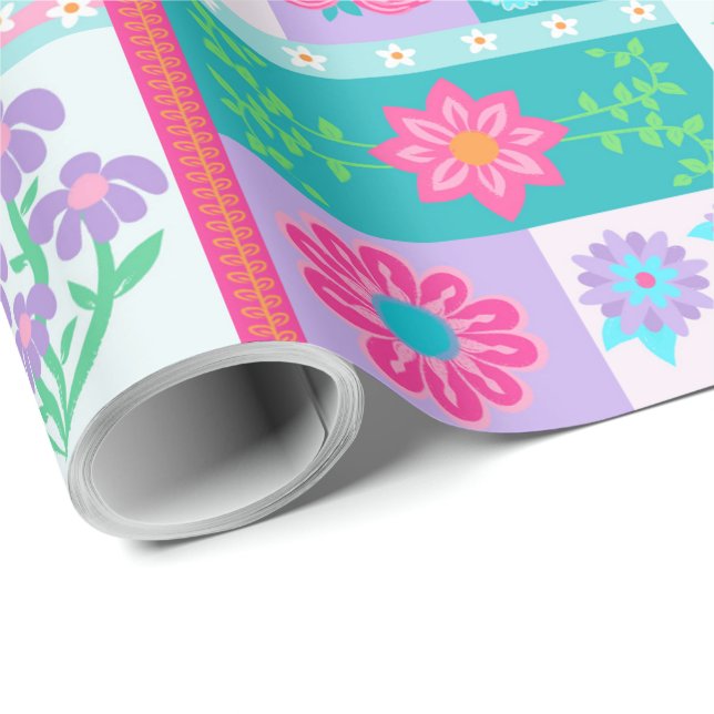 Papel De Presente Desenho de Flores Vibrantes em Flor (Ponta do rolo)