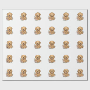 Papel De Presente Desenho de Gravura Vintage Floral Golden Retriever
