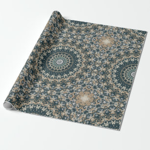 Papel De Presente Desenho de Mandala em Tons de Azul-Verde e Bege