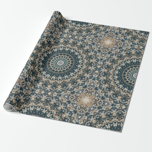Papel De Presente Desenho de Mandala em Tons de Azul-Verde e Bege (Desenrolado)