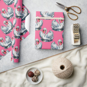 Papel De Presente Desenho de padrão de aves cisnes em rosa