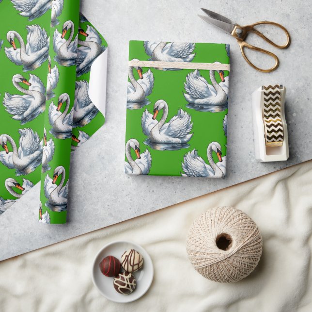 Papel De Presente Desenho de padrão de aves cisnes em verde  (Artesanato)