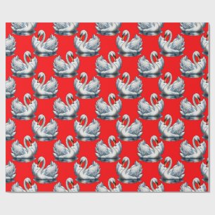 Papel De Presente Desenho de padrão de aves cisnes em vermelho