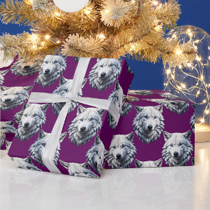 Papel De Presente Desenho de padrão de cabeça de lobo branco roxo