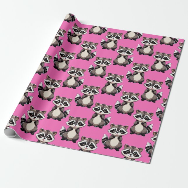 Papel De Presente Desenho de Padrão de Guaxinim Rosa (Desenrolado)