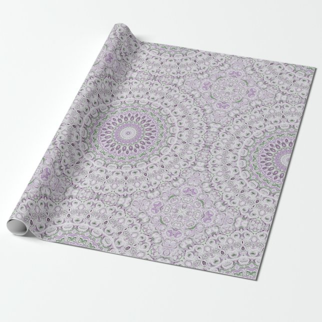 Papel De Presente Desenho de Padrão Mandala Lavanda e Verde (Desenrolado)