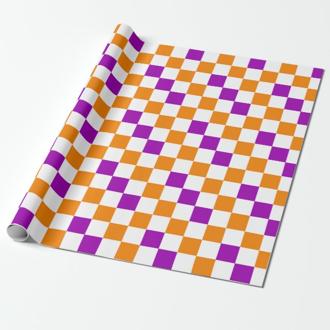 Papel De Presente Desenho de padrão xadrez laranja branco roxo  (Desenrolado)