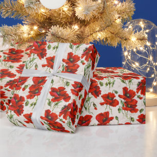 Papel De Presente Desenho de Papoula Vermelha Antiga Art Nouveau