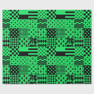 Papel De Presente Desenho de Patchwork de Padrões Mistos Verde e Pre