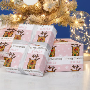 Papel De Presente Desenho de Veado Rosa Fofo Menina Flocos de Neve N