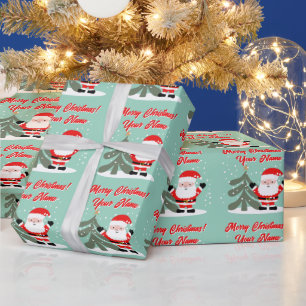 Papel De Presente desenho do Papai Noel com árvore de Natal azul-pet