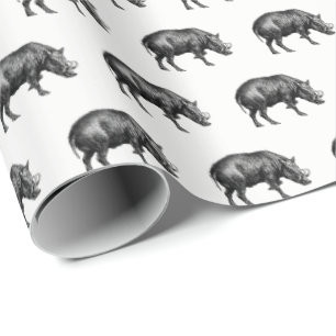 Papel De Presente Desenho em Preto e Branco de Javali Antigo