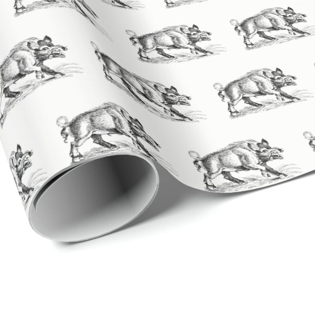 Papel De Presente Desenho em Preto e Branco de Javali Antigo #2 (Ponta do rolo)