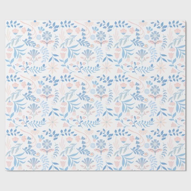 Papel De Presente Desenho floral boho bloco impresso azul rosa menin (Aberto)